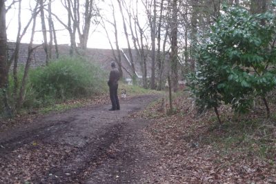 Martin and his cat enjoy a walk in the woods together